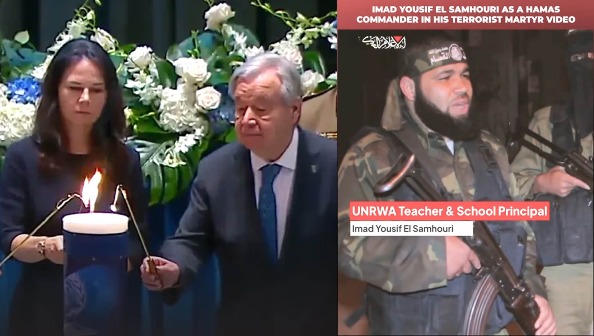 Annalena Baerbock bei einer UN-Gedenkzeremonie und Imad Yousif El Samhouri in einem Hamas-Video