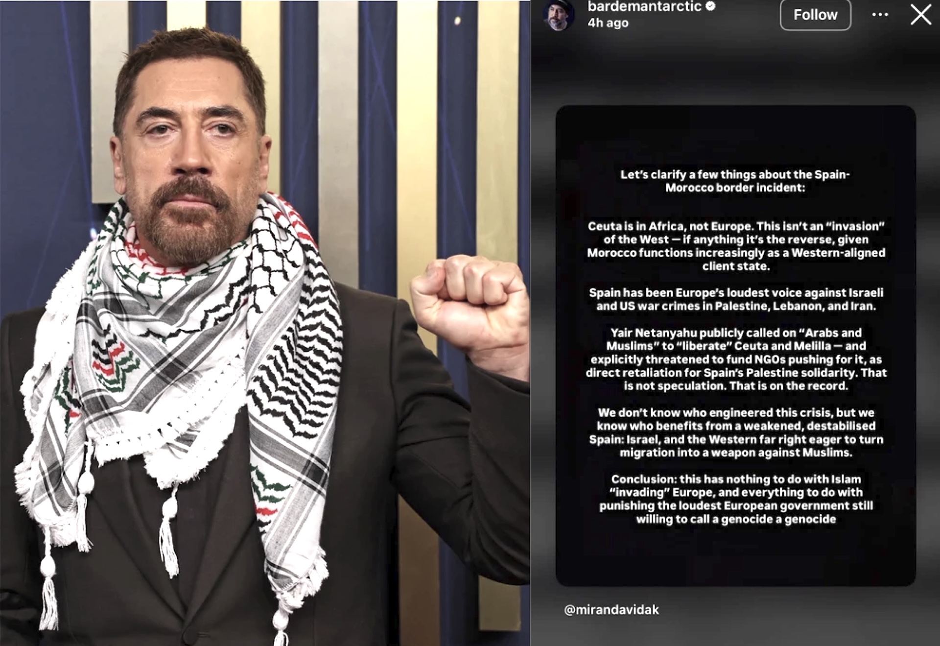 Javier Bardem und ein von ihm geteilter Beitrag zur Grenze zwischen Spanien und Marokko
